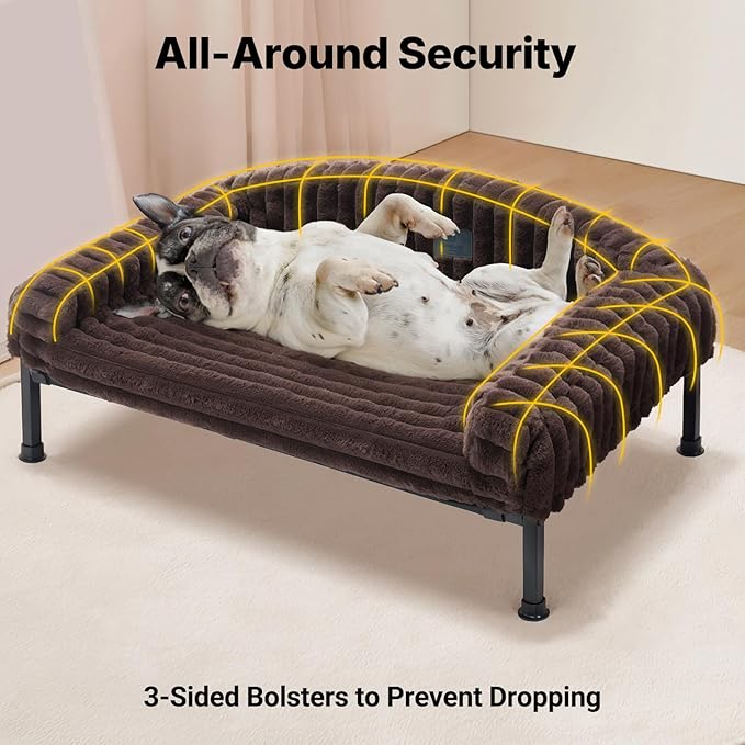 Veehoo Elevated Dog Bed with Bolster Cushion, Fluffy Plush Dog Couch Beds for Small Dogs, Cats, Washable Raised Pet Cot with Non-Slip Feet for Indoor or Patios Use, 30 x 20 Inches, Brown