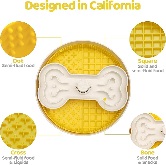 Slow Feeder Dog Bowl with Lick Mat and Puzzle Inserts - Non-Slip Base, Adjustable Speed Design, Dishwasher Safe for Large Dogs,Yellow