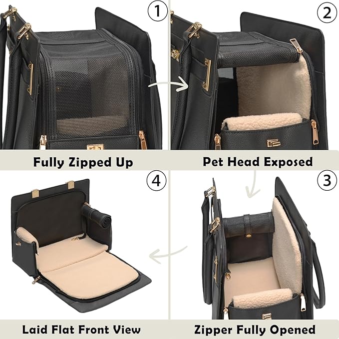 2-in-1 Stylish Dog Purse Carrier Soft-Sided Carriers Travel Tote Bag for Small Dogs Cats, Fashion Foldable Pet Bag for Puppies Small Animals with Pockets (Black, 15" L x 7.5" W x 12.2" H)