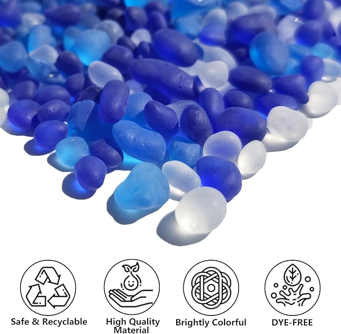 Sea Glass Stones - 0.9LB Frosted Glass Pebbles Gemstones - Perfect for Aquarium Rocks, Fish Tank Gravel, Vase Fillers, DIY Crafts, and Home Decor (Cobalt Blue, Aquamarine, White)