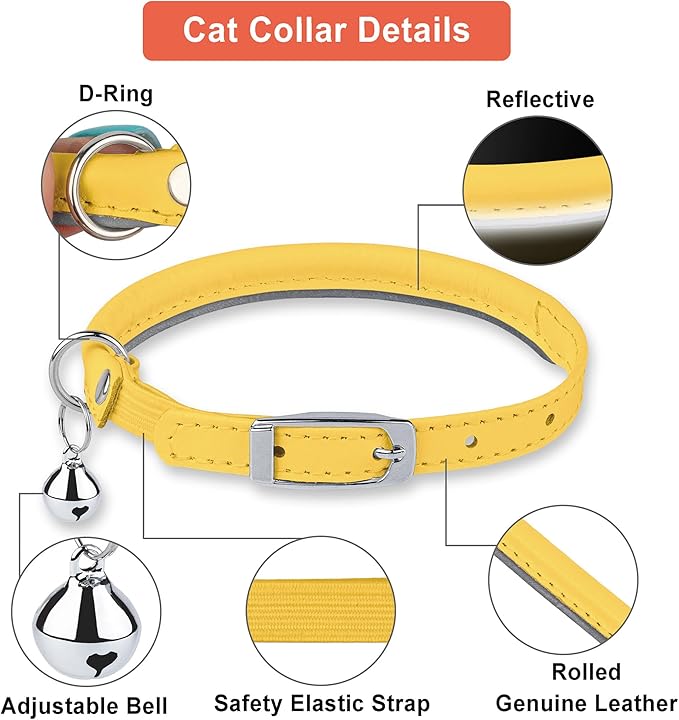 OOPSDOGGY Rolled Leather Cat Collar with Bell, Reflective Kitten Collars with Buckle Include Safety Elastic Strap - Adjustable Small Pet Collars for Boy Girl Cats (Yellow)