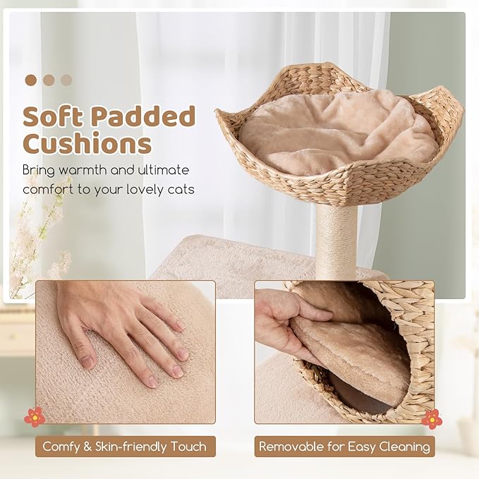 PETSITE 59 inch Cattail Cat Tree Tower, Multi-Level Cat Tower with Natural Sisal Scratching Posts, Condo, Basket, Top Perch and Jumping Platforms, Modern Tall Cat Tree for Indoor Cats