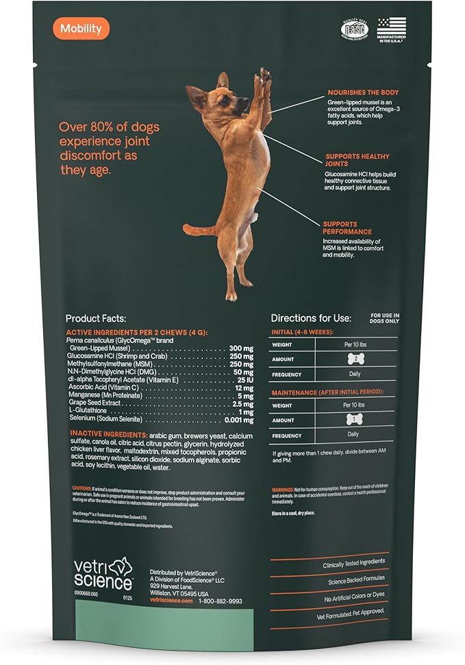 VetriScience Glycoflex 3 Clinically Proven Hip and Joint Support Supplement for Small Dogs - Maximum Strength Dog Supplement with Glucosamine, MSM, Green Lipped Mussel & DMG - 60 Chews,Chicken Flavor