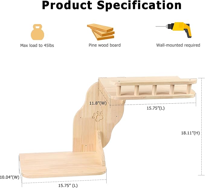 Cat Wall Perches, 2-Levels Corner Shelves Wall-Mounted Platform with Scrathing Mat, Wood Furniture for Indoor Cats Climb,Play and Nap (Right)