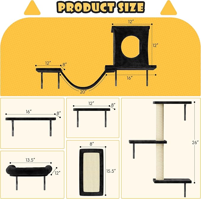 NUNU LAB Wall Mounted Cat Furniture, 6 Pcs Cat Wall Shelves with Condo House, Bridge, Steps, Scratcher, Hammock, Indoor Safe & Stable Furniture for Kittens Play, Black