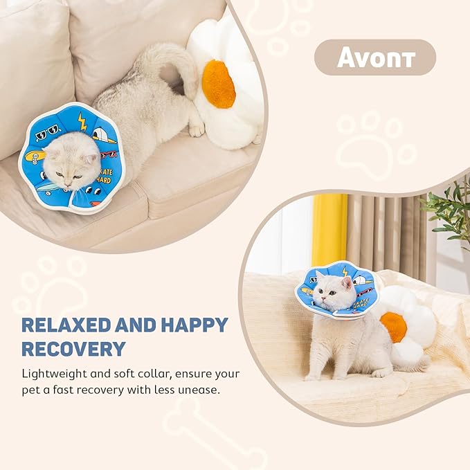 Avont Soft Cat Recovery Cone Collar, Adjustable Lightweight Kitten E-Collar for Small Dogs, Comfortable Neck Donut Stop Licking Scratching After Surgery -Skate(M)