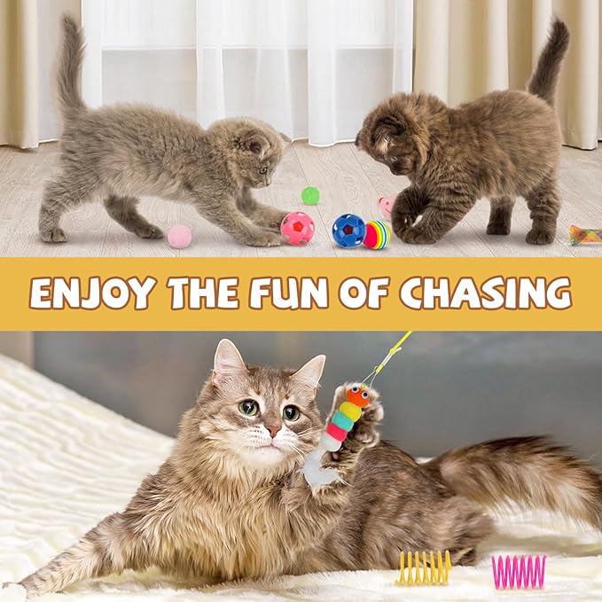 Kitten Toys - 38PCS Cat Play Set, Sparkle Balls, Plush Pom Pom Balls, Hanging Door Toy, Gift Box Styles