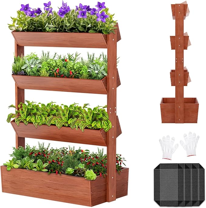 SUNYRISY 4 Tiers Vertical Wooden Raised Garden Bed Outdoor, Freestanding Garden Planter Box Stand for Planting Herbs Flowers Vegetables Outdoor Gardening