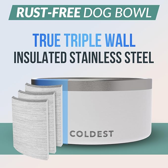 Coldest Dog Bowl - Anti Rust Metal, Non Slip, 3 Layers Insulated Stainless Steel Dog Bowls - Spill Proof & Heavy Duty - Water Bowl for Dogs, Cats & Pets, Dish Washer Safe (200 oz, Epic White)