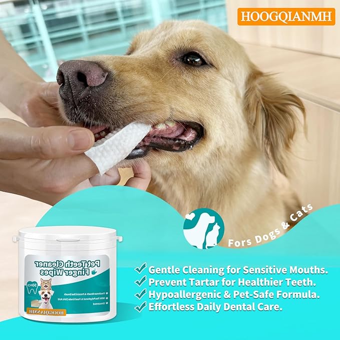 Pet Dental Finger Wipes for Dogs & Cats | Teeth Cleaning Wipes with Natural Formula | Remove Plaque & Tartar | Fresh Breath, Safe & Gentle (50 Count)