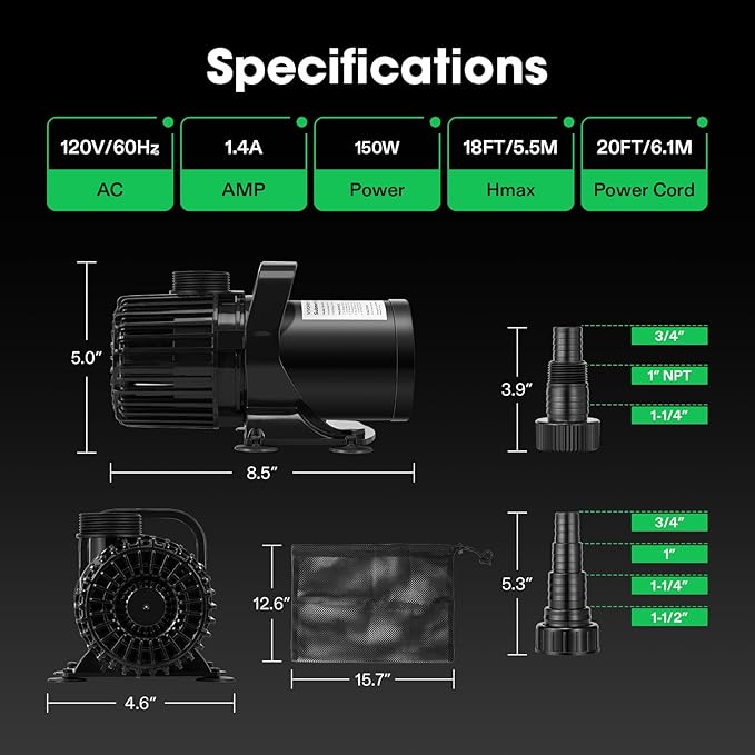 VIVOSUN 3000 GPH Submersible Water Pump with Barrier Bag, 150W Pond Pump, Ultra Quiet Aquarium Pump with 15FT. Lift Height for Pond, Waterfall, Fish Tank, Statuary, Hydroponic