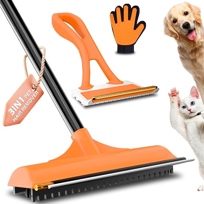 3 in 1 Carpet rake Kit for Pet Hair Removal Tool - Reusable Pet Hair Remover broom w 58"Adjustable Long Handle, Dog & Cat Carpet Scraper, Pet Hair Remover for Rugs, Mats, Couch, Curtains(Orange)
