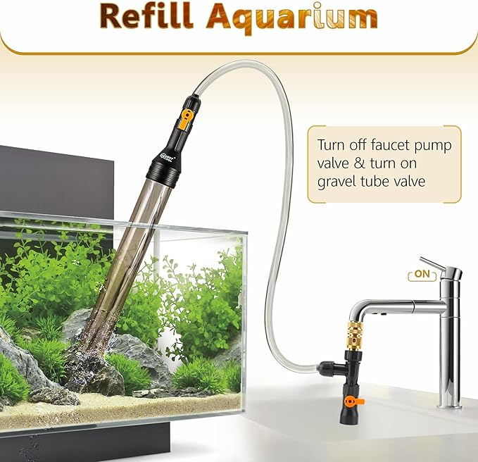 hygger Bucket-Free Aquarium Water Change Kit Metal Faucet Connector Fish Tank Vacuum Siphon Gravel Cleaner with Long Hose 25FT Drain & Fill