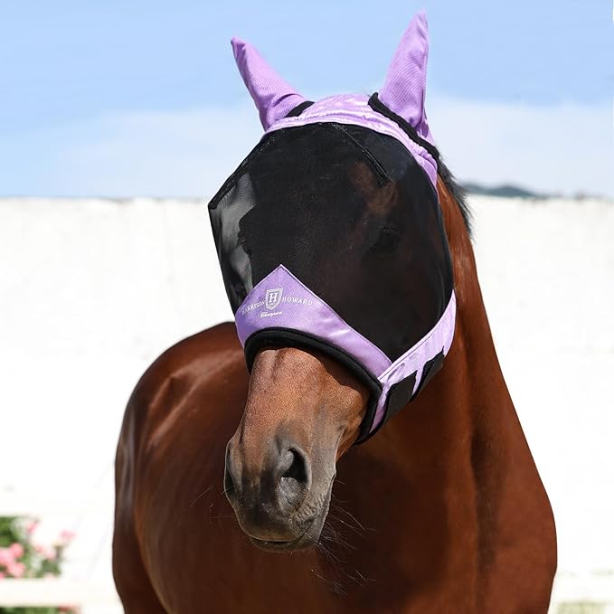 Harrison Howard Pro Luminous Horse Half Face Fly Mask Large Eye Space with Ears UV Protection for Horse Gentle Lavendar L