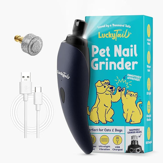 LuckyTail Pet Nail Grinder for Dogs and Cats - Super Quiet and Low Vibration Electric Dog Nail Grinder with 2 LED Lights - USB Rechargeable and Cordless - 2 Speeds - Small to Large Pets - Dark Blue