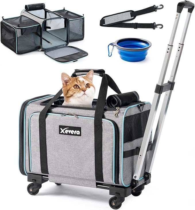 Cat Dog Carrier with Wheels, Expandable Rolling Soft-Sided Carrier for Small Cats and Dogs Under 25 LBS, Pet Carrier on Wheels with Locking Safety Zippers and Anti-Scratch Mesh (Grey)