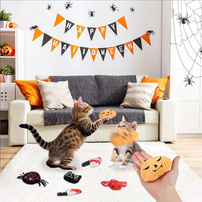 LOMIMOS 6Pcs Halloween Catnip Toys,Cat Toys Chew Bite Plush Toy with Crinkle Paper Kitten Pumpkin Spider Bat Knife for Indoor Interactive Play & Exercise