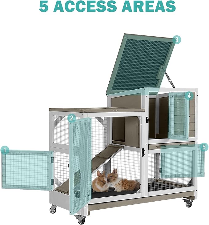 Rabbit Hutch Indoor for 2-4 Rabbits & Guinea Pigs，Bunny Cage with Slide-Out Plastic Trays，Wooden Small Animal Cage for Rabbits, Bunnies, and Guinea Pigs (Light Brown)