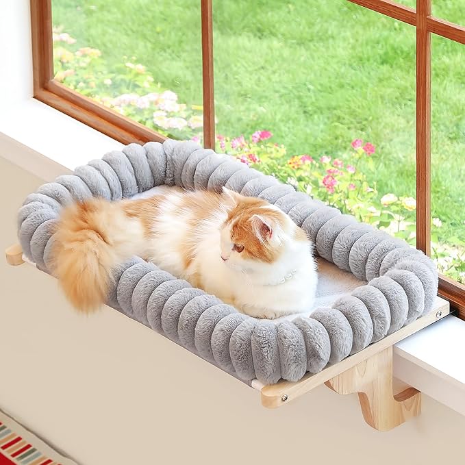 SnugCloud Cat Window Perch with 4-Sided Bolster - Orthopedic Cat Hammock for Window Sill - Solid Hardwood & Metal Frame - Window Seat for Pets (Natural Color Wood w/Gray Bed, Large)