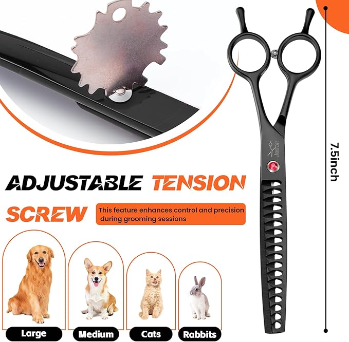 JASON 7.5" Dog Grooming Scissor - Professional Thinning Chunker Shear with 18 Teeth Japanese Stainless Steel Hair Scissors for Dogs, Cats and Other Pets (Chunker, Black)
