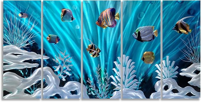 SYGALLERIER Fish Metal Wall Art Hand Crafted Large 3D Sea Life Pictures Modern Abstract Coastal Aluminum Artwork Contemporary Sculpture for Living Room Bedroom Dinning Decor