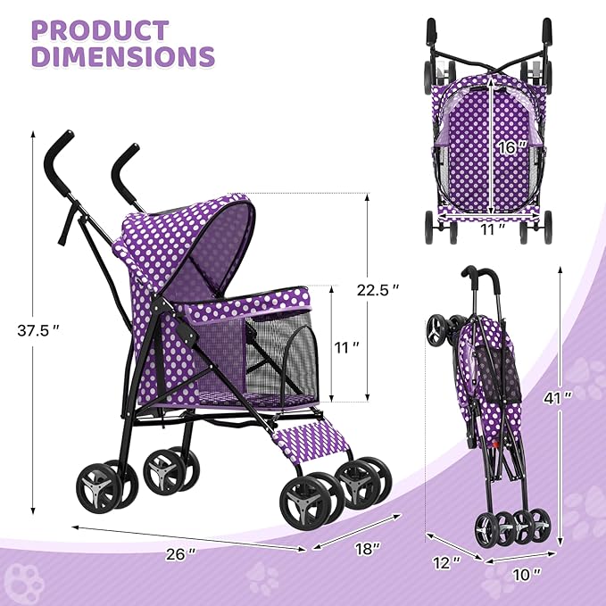 Magshion Compact Pet Stroller for Small-Medium Dogs/Cats up to 22lbs, 4-Wheel Lightweight Umbrella Shaped Portable Puppy Travel Jogger with Breathable Mesh & Rear Storage, Purple Polka Dots