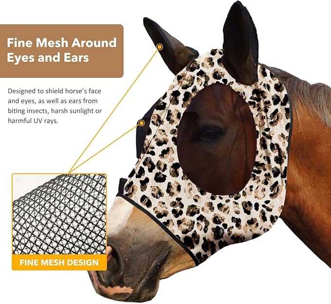Harrison Howard Super Comfort Stretchy Fly Mask Large Eye Space with UV Protection Soft on Skin with Breathability Leopard Print M Cob