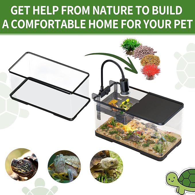 (Tank + Light + Filter Balls) Turtle Tank Kit, Turtle Tank Starter Kit,Bottom Drainage, Multi-Function Areas for Turtles, Crabs,Fishes, Amphibians,Reptiles. (15.75 x 8.64 x 8.64 Inch)