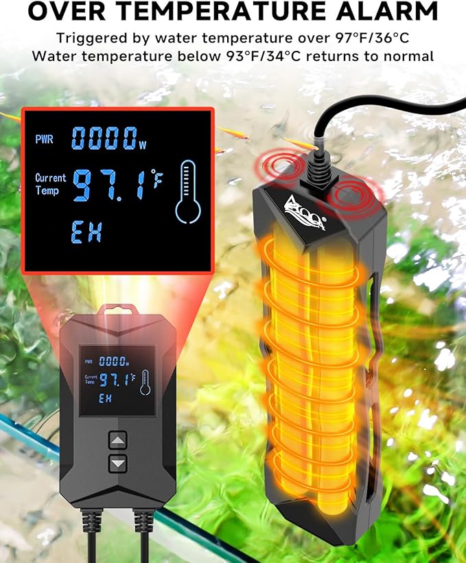 AQQA Aquarium Heater,64-95°F Fast Heating Double Quartz Glass Tube Fish Tank Heater,High-definition LCD Controller Displays Real-time Power,Anti-dry and Over-temperature Protection (1200W 210-330 Gal)