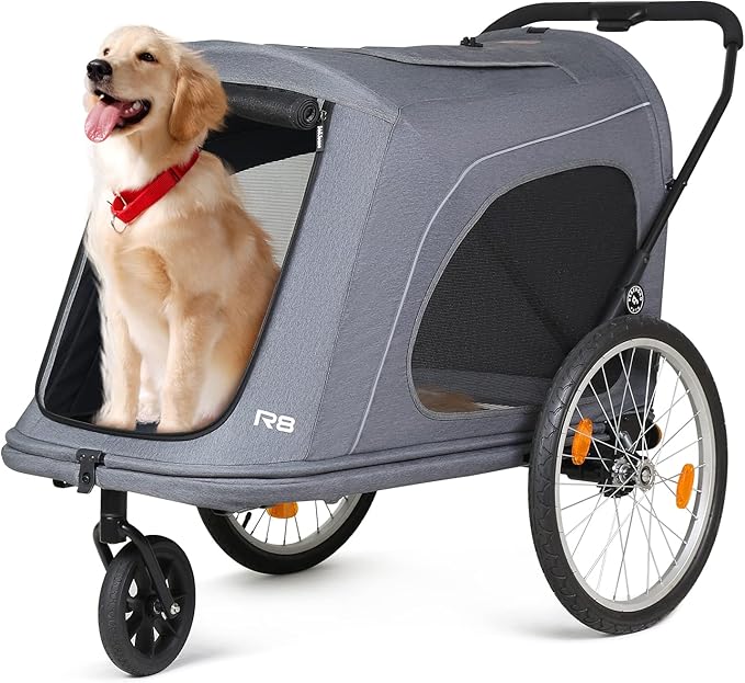 R8 Extra Large Foldable Pet Stroller, Dog Stroller & Pet Trailer for Large Dogs Under 100 lbs, Unmovable, Disabled & Pregnant Dogs - Conveniently Carriable by Bike and Car, Grey