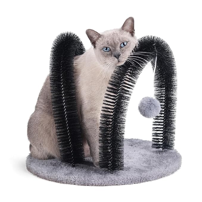 Cat Arch Self Groomer Massager, Kitty Grooming Brush with 2 Brushes and Heavy Plush Base, Cat Face and Back Scratchers, Scratching Post for Indoor and Outdoor Cats with 2 Plush Balls