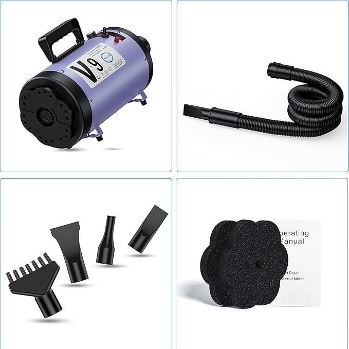 Professional Dog Grooming Dryer with Heater, 5.2HP High-Power Dog Blower, Variable Speed Adjustable, Low Noise Pet Hair Dryer for All Breeds(Purple)