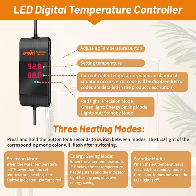 azw Aquarium Heater, 100W Fish Tank Heater for 25-45 Gallon with Digital LED Controller, Frequency Conversion Energy Saving, IPS Anti-Boiling Fish, 7 Intelligent Protections for Freshwater/Saltwater