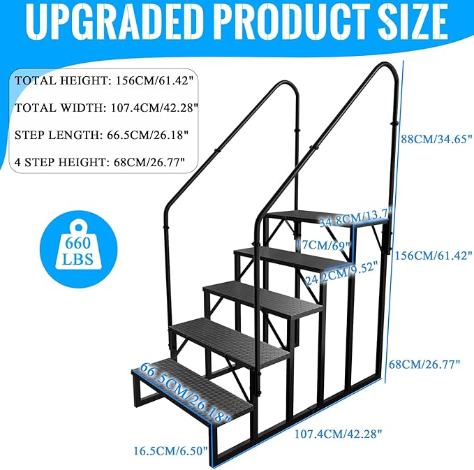 RV Stairs 5 Step Ladder, RV Steps Anti-Slip, Hot Tub Steps with Handrail, 660 lbs RV Ladder for 5th Wheel RV, Mobile Home Stairs（2 Handrails