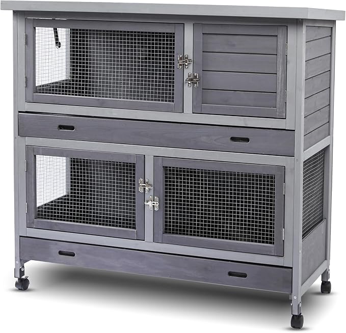 Rabbit Hutch Bunny Cage Indoor Outdoor with Wheel Deeper Tray Chew Proof Guinea Pig Cages 2 Decks Large Rabbit House with 4 Wooden Doors Weatherproof 41.3" L*17.3" W*41.3" H