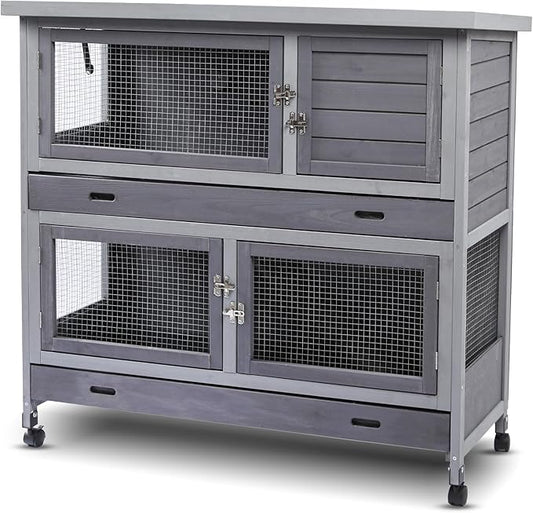 Rabbit Hutch Bunny Cage Indoor Outdoor with Wheel Deeper Tray Chew Proof Guinea Pig Cages 2 Decks Large Rabbit House with 4 Wooden Doors Weatherproof 41.3" L*17.3" W*41.3" H