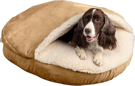 Snoozer Luxury Cozy Cave Dog Bed - Indoor Dog Bed with Cover Cave, Covered Calming Burrow for Medium & Large Sized Pets with Blanket Attached, Enclosed, Washable - XL, Camel