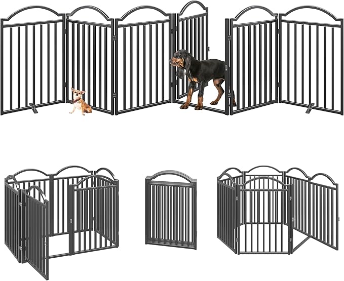BHG Metal No-Assembly Freestanding Dog Gate with Door Walk Through, Extra Wide 144", Extra Tall 32" Pet Gate, Accordion Puppy Folding Playpen Dog Fence for Indoor & Outdoor, with 2PCS Support - Black