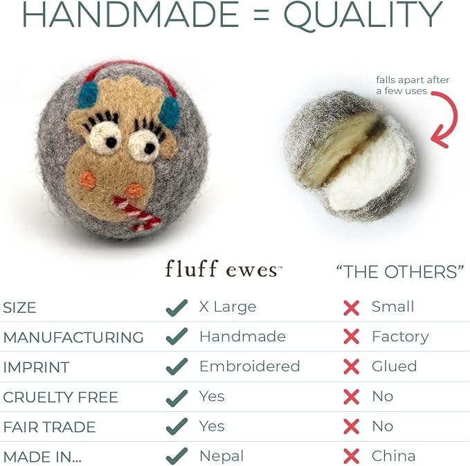 Fluff Ewes Wool Dryer Balls 3 Pack Premium New Zealand Wool Laundry Balls for Dryer, No Static Dryer Balls Laundry Reusable, XL Christmas Dryer Balls, Holiday Dryer Balls - Sheep in Heavenly Peace