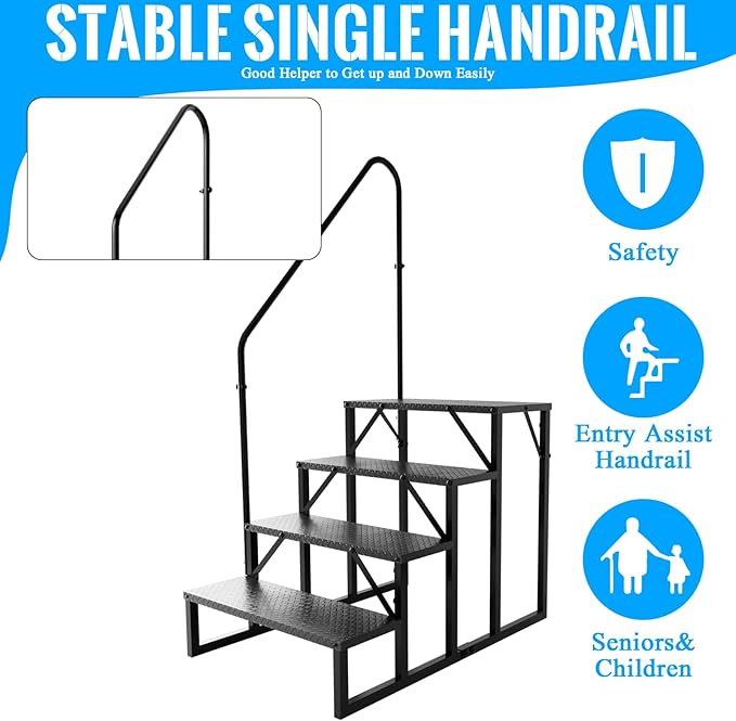RV Stairs 4 Step Ladder, RV Steps Anti-Slip, Hot Tub Steps with Handrail, 660 lbs RV Ladder for 5th Wheel RV, Mobile Home Stairs