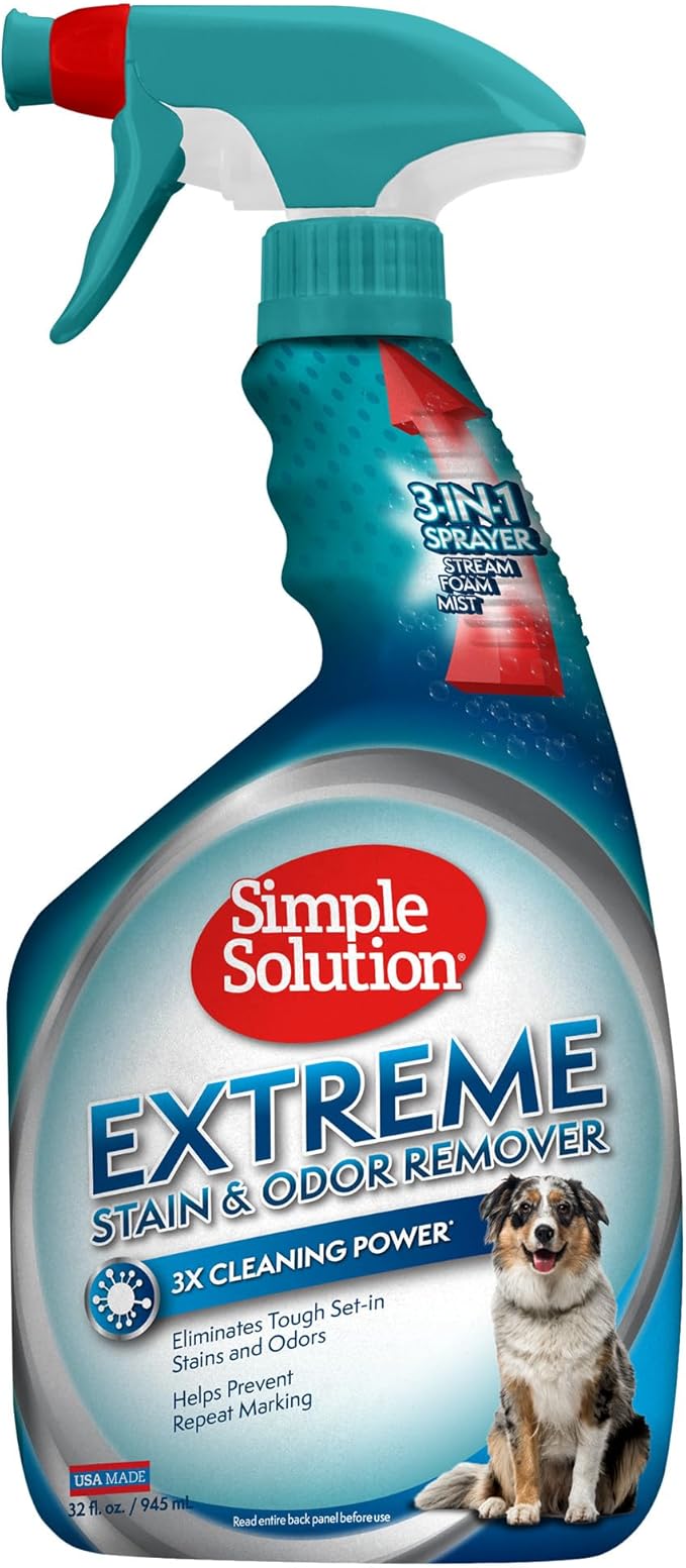 Simple Solution Extreme Pet Stain and Odor Eliminator Spray, Enzymatic Cleaner With 3X Pro-Bacteria Cleaning Power for Dogs & Cats, Strong Urine, Pee and Poop Smell Remover for Carpets & Floors, 32 oz