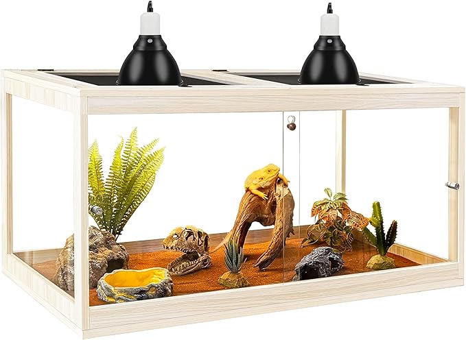 Tempered Glass Bearded Dragon Tank,63 Gallon Reptile Tank with Meatl Mesh Roof and Front Sliding Door, Anti-Scratch Lizard Tank,Spacious Reptile Enclosure for Snakes,Lguanas, Chameleons (Oak)
