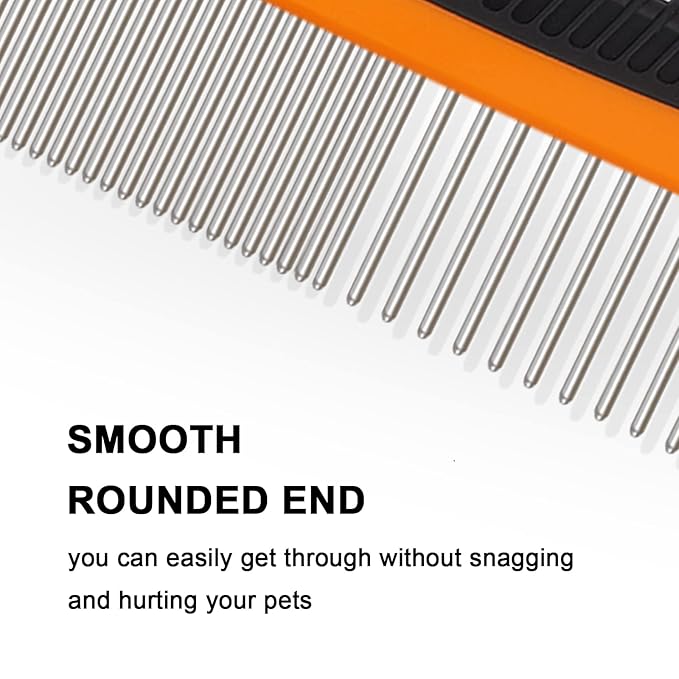 Metal Dog Comb and Cat Comb with Rounded Ends, Smooth Stainless Steel Teeth, Non-Slip Grip Handle for Removing Tangles and Knots in Greyhounds and Other Pets