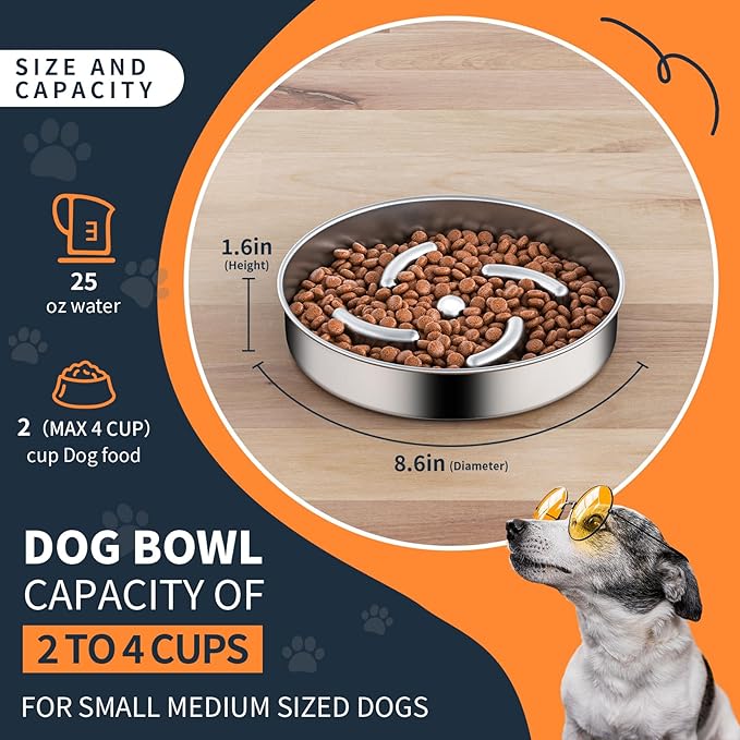 Slow Feeder Dog Bowls with Non-Slip Bottom Stainless Steel Metal Slow Feeing Bowls 3 Cups for Small Medium Dogs and Fast Eaters Slowing Down of Eating