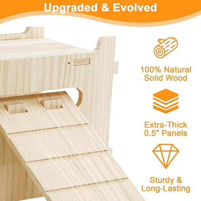 Natural Wooden Rabbit Castle House,Extra Large Hideout for Rabbit Guinea Pig Chinchilla Ferret,Sturdy Bunny House with Stair