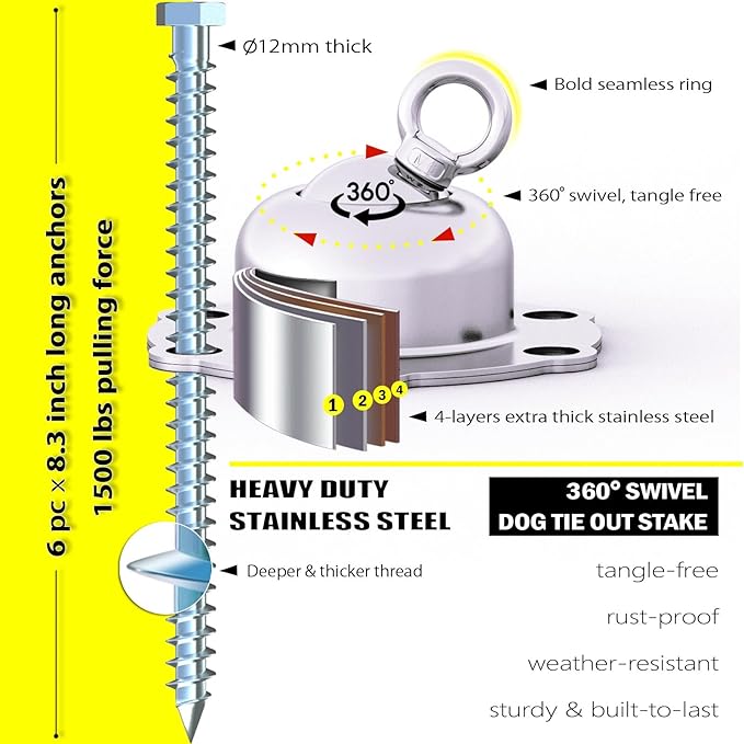 360° Swivel Dog Tie Out Stake with Upgrade 6 Screw Dog Anchors, Heavy Duty & Rust Proof Dog Stake Can Holds 1000Lbs of Pull Force, Up to 150lbs Dogs Perfect to Camping Yard Outdoor (Blue)