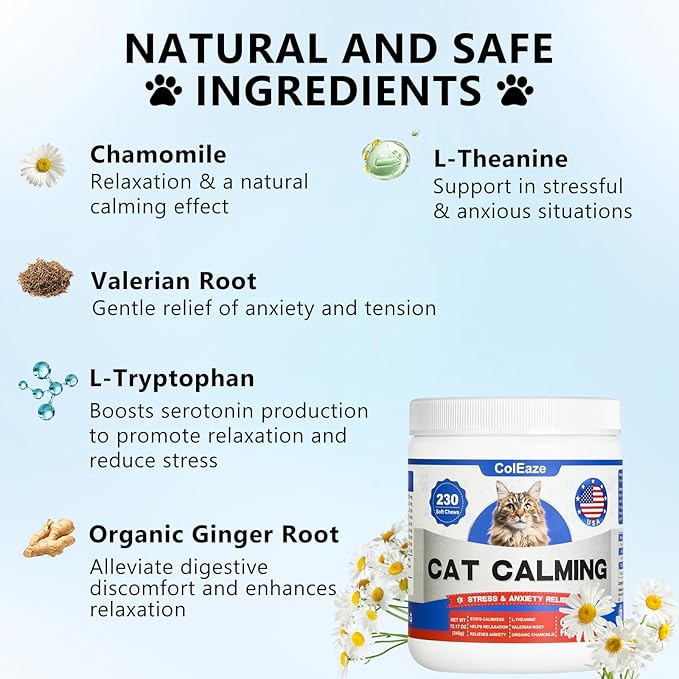 Calming Chews for Cats, Cat Calming Treats - Cat Anxiety Relief, Helps Reduce Stress & Promotes Relaxation for Travel, Boarding, Vet Visits, Separation Anxiety - Chicken (230 Soft Chews)