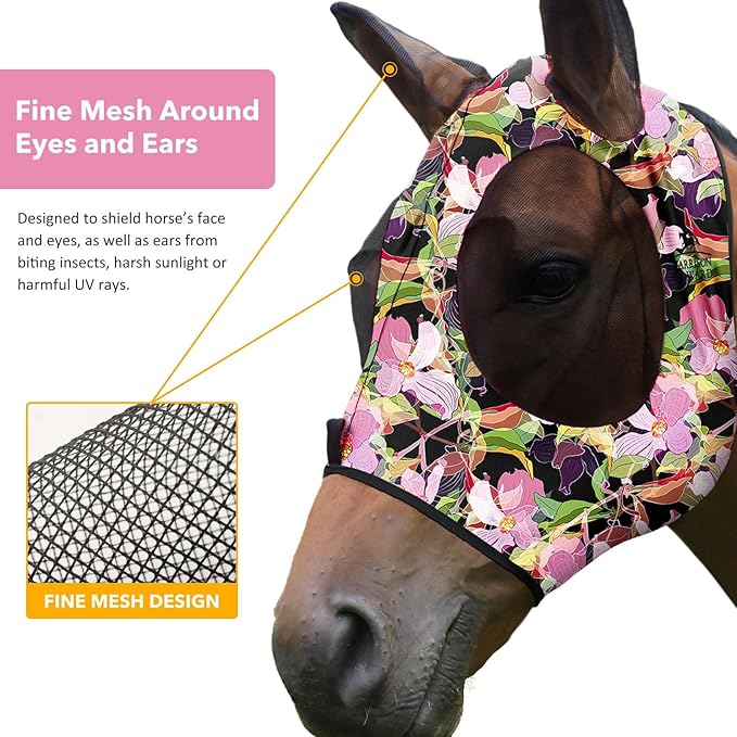Harrison Howard Super Comfort Stretchy Fly Mask Large Eye Space with UV Protection Soft on Skin with Breathability Blossom Vibe L