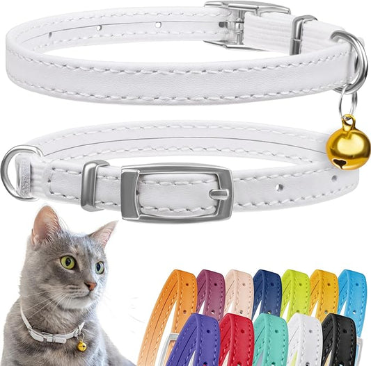 CollarDirect Leather Cat Collar with Bell - Kitten Collar, Small and Big Cat Collar for Boy Cats, Girl Cats with Safety Elastic Strap (Neck Fit 6"-7", White)
