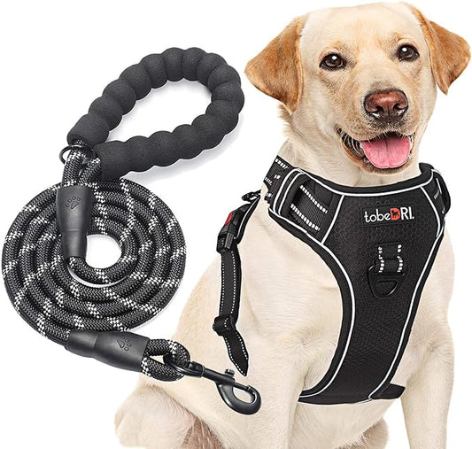 No Pull Dog Harness Adjustable Reflective Oxford Easy Control Medium Large Dog Harness with A Free Heavy Duty 5ft Dog Leash (M (Chest: 22"-26"), Black Harness+Leash)